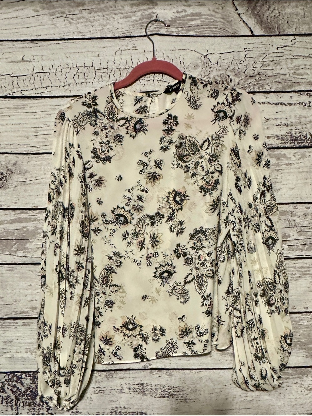 Express Floral Blouse Medium Balloon Sleeve Boho Peasant Top Cream Black
